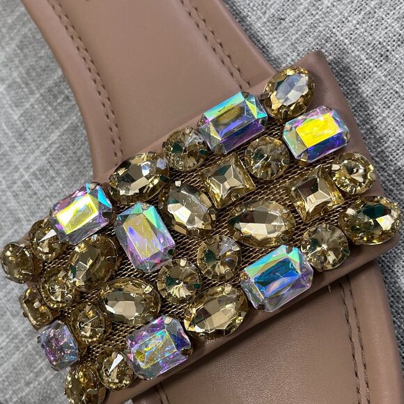 Steve Madden Brionna Rhinestone Slip on Flat Sandals Gold and Tan Women Size 9 - Picture 3 of 10